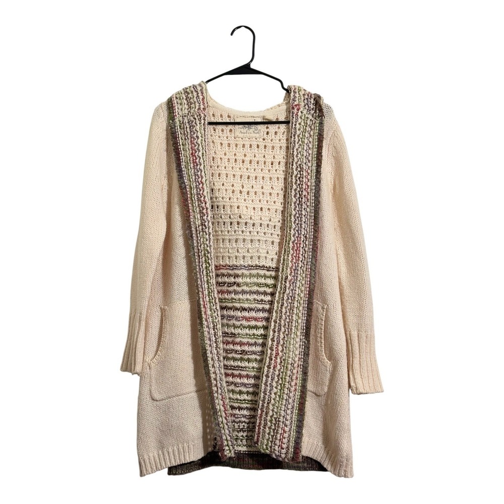 Anthropologie Angel of the North Chunky Knit Cream Hooded Cardigan Multi Color M